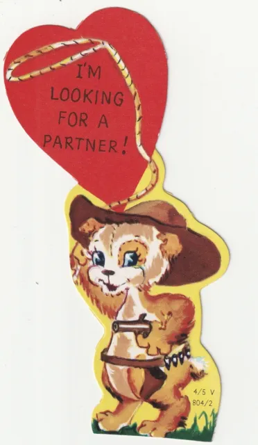 c1950s~Cowboy Chipmonk~IM LOOKING FOR A PARTNER~Vintage Valentine Bookmark Card