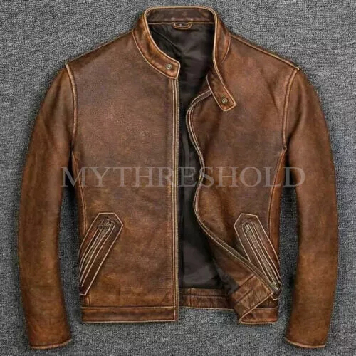 Men's Biker Brown Vintage Motorcycle Distressed Cafe Racer Leather Jacket