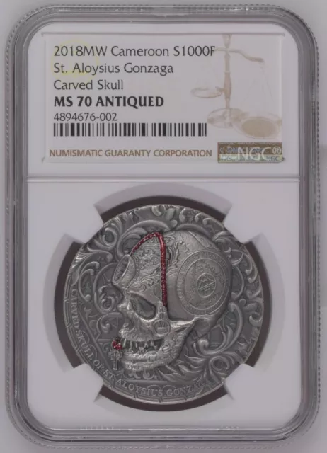 NGC MS70 Cameroon 2018 St. Aloysius Gonzaga Carved Skull Silver Coin 1oz COA