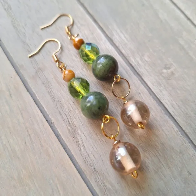 Southern Green Jade Stone Gold Dangle Earrings Boho Chic Hippie Jewelry Earthy