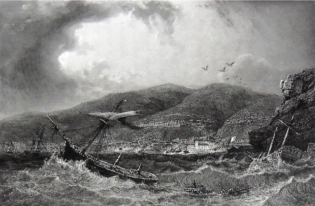 SHIPWRECK of 19 SHIPS in VALPARAISO (CHILE) in the 19th century - 19th century engraving