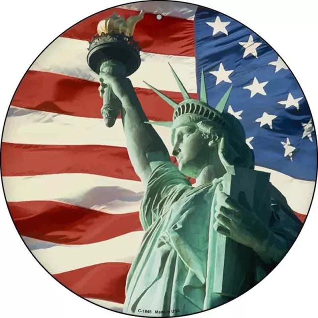 Lady Liberty American Flag Round Circular Metal Sign 12" Home Garage Wall Decor