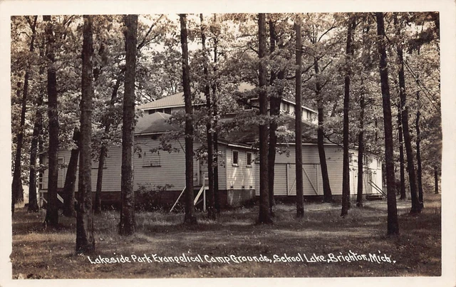 RPPC Brighton MI Michigan Livingston County School Lake Photo Vtg Postcard Y8