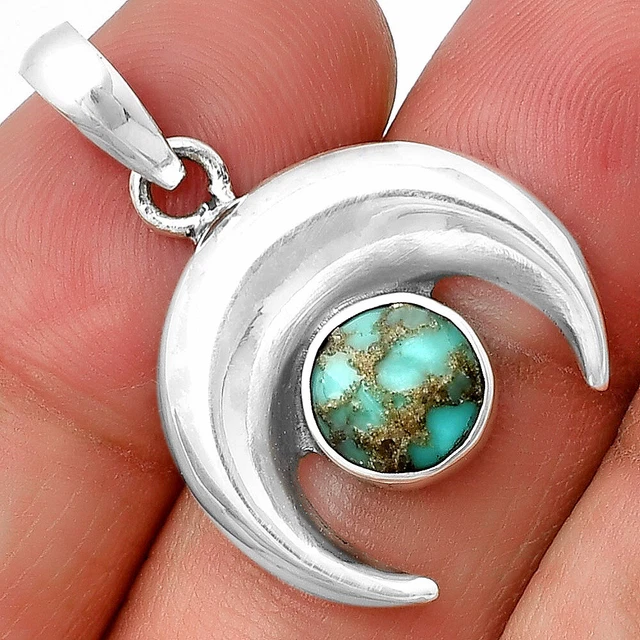 Crescent Moon - Rare Turquoise Nevada Aztec Mt 925 Silver Pendant Jewelry P-1014