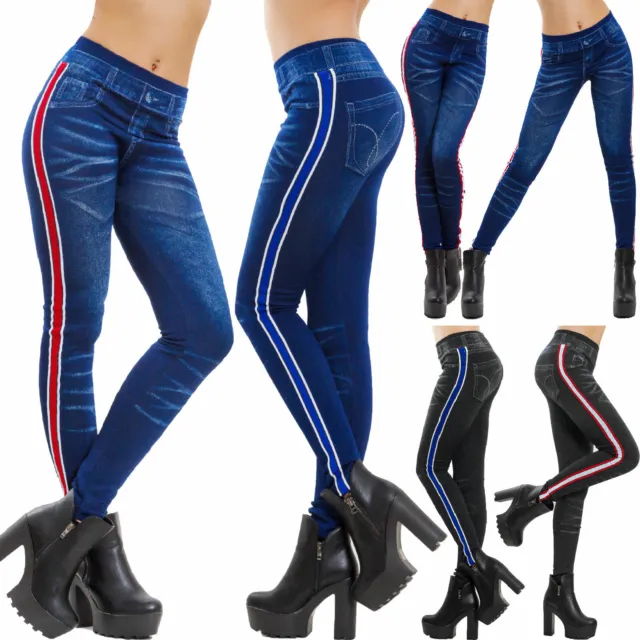 Leggings donna effetto jeans denim pantaloni aderenti righe fuseaux TOOCOOL F412
