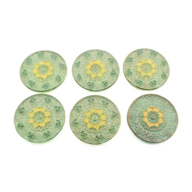Lot (6) lacy floral green uranium glass cabochons shankless buttons 32mm Czech