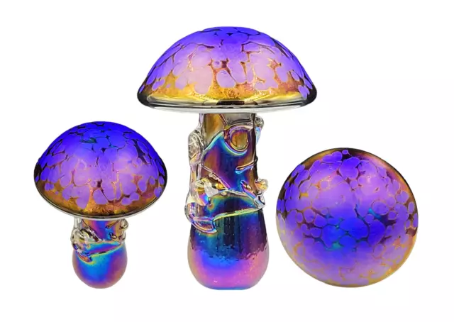 Neo Art Glass handmade blue iridescent mushroom paperweight glassware ornament
