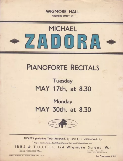 Konzertkonzertkonzertprogramm 1938 Wigmore Hall Klavier Michael Zadora