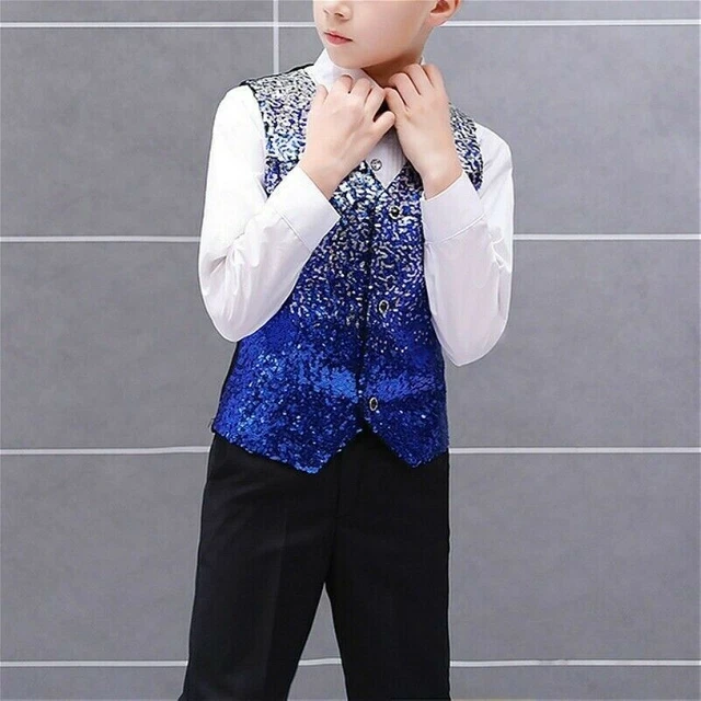 Ragazzi Bambini Lustrini Gilet con Fiocco Cravatta Brillantini Top Palco Vestito