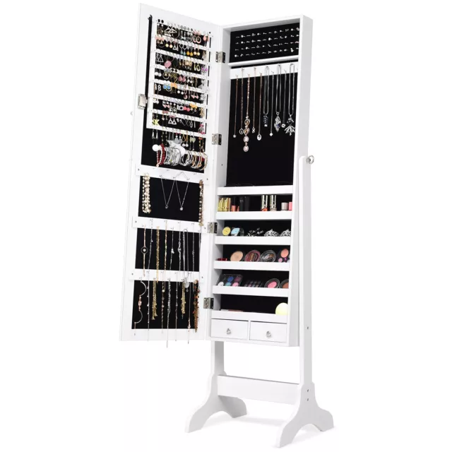 Lockable Mirrored Jewelry Cabinet Armoire Storage Organizer Box w/ Drawers White