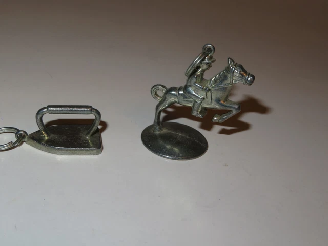 Vintage Metal CPG Monopoly Piece Key Chains-Copyright 1935-Cowboy & Horse & Iron