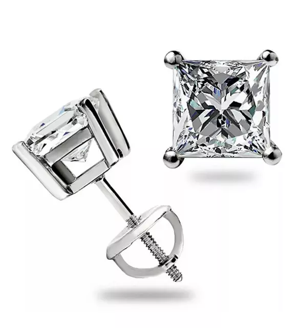 4 Ct Princess Cut VVS1/D Lab Created Solitaire Studs Earrings 14K White Gold 7mm