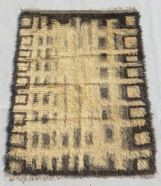 Antique Handmade Scandinavian RYA Beautiful Multicolor Wool Rug Carpet 118x94cm