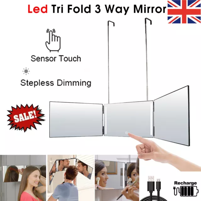 3 Way Tri-Fold Mirror with LED Light 360° Barber Seft-Haircut Makeup Adjustable