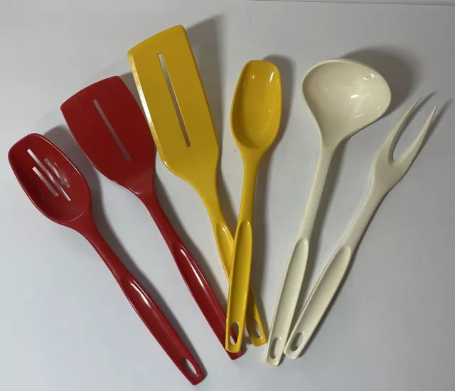 Vintage Lot Of 6 Red Yellow Cream Melamine Cooking Utensils Mid Mod Foley