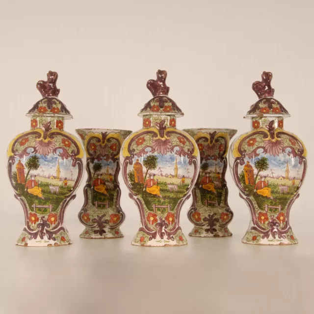 Dutch Delftware Vases 5 pieces Garniture 19th c. Polychrome Delft Earthenware