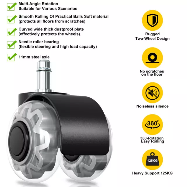 5 Stück BürostuhlRollen Hartbodenrollen 11mm x 22mm Stuhlrollen für Bürostuhl 3