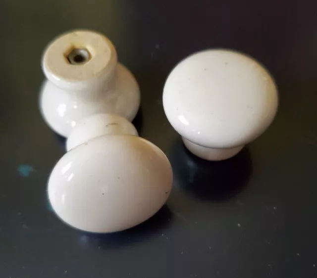 3 ANTIQUE / VINTAGE WHITE PORCELAIN KNOBS, DRAWER PULLS,  1.25 In. DIAMETER