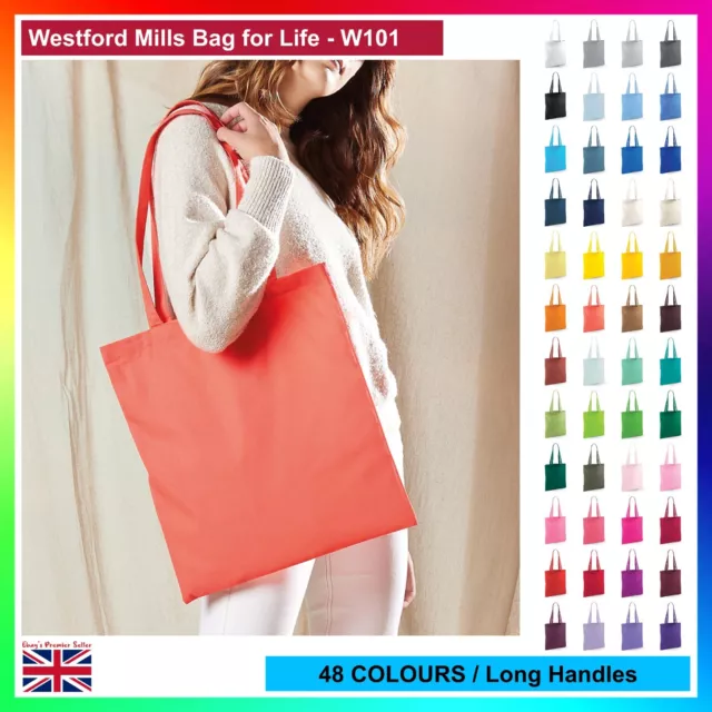 Westford Mill Bag For Life - Long Handles, 100% cotton, One Size, 48 Colours