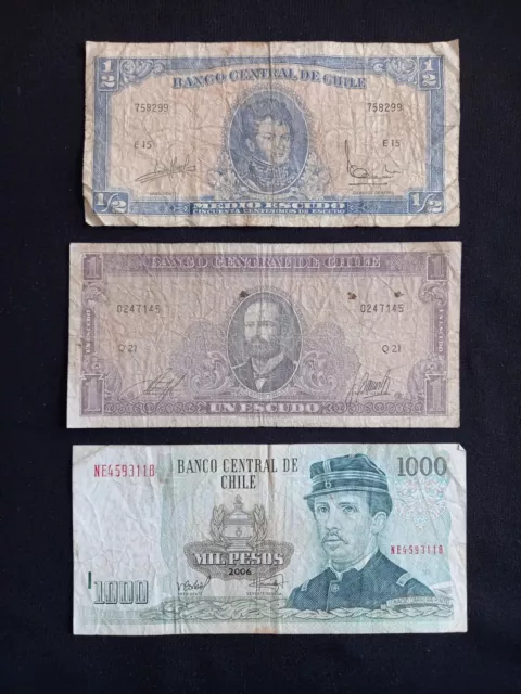 CHILE 1/2 + 1 ESCUDO + 1000 PESOS Banknotes - Circulated / Damaged