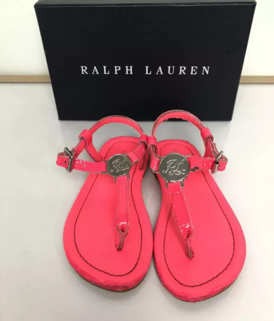 Ralph Lauren Infants Girls Size 8 Neon Pink Sueanne T Strap  Leather Sandals