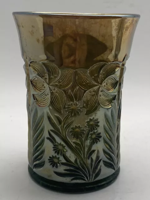 Imperial Glass Tiger Lily Green Carnival Glass Tumbler 4-1/4” Tall