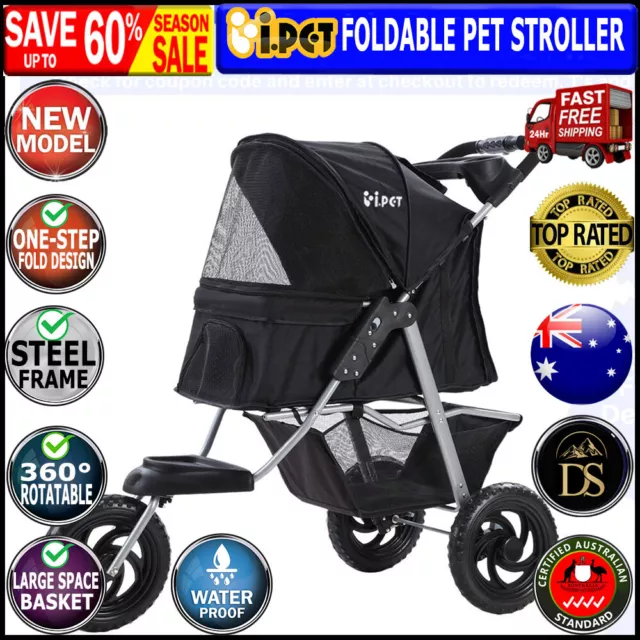 iPet i.Pet Pet Stroller Dog Carrier Foldable Pram Large Black Wheel Travel NEW