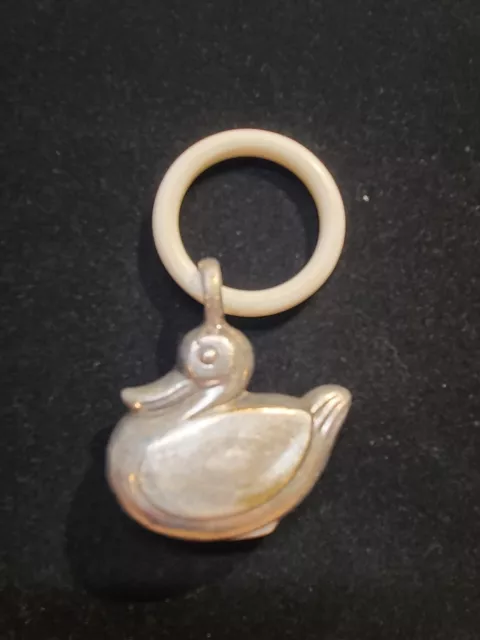 Vintage Sterling Silver Plated Baby Rattle Teething Plastic Ring - Duck