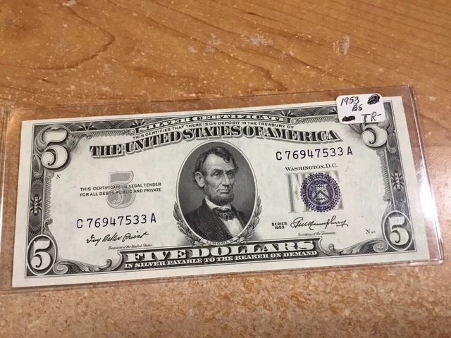 1953-$5 Dollar Bill-Silver Certificate-BU-Misaligned-7533 A