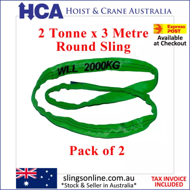 (2 Pack ) 2 Tonne x 3 Metre Round Lifting Sling, Aust.Standard with Test cert.