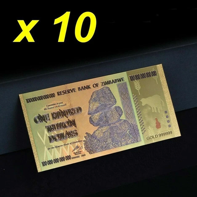 10 pezzi Zimbabwe 100 trilioni di banconote color oro con certificato