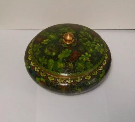 Chinese Cloisonne Green Enamel Floral Jar Bowl Box