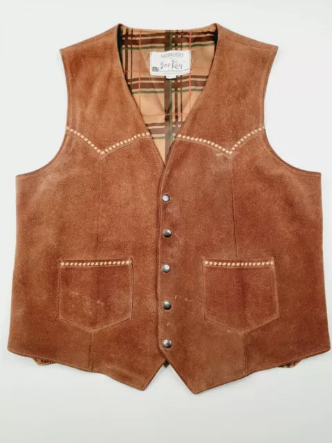 Vintage Joo Kay Western Leather Vest Men's Size 46 Brown Suede Snap Front USA