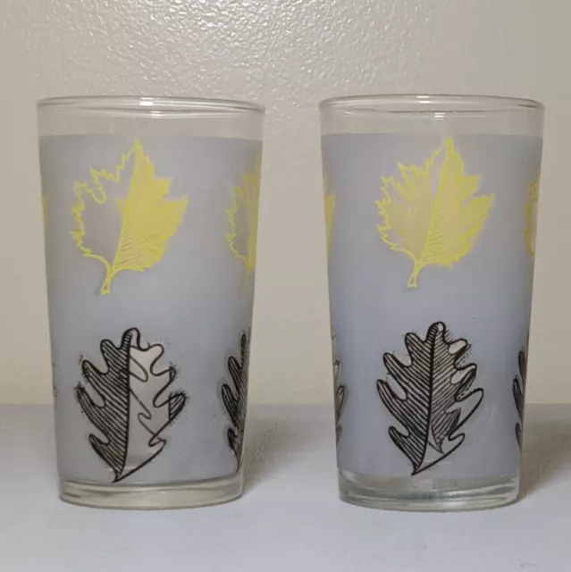 Libbey Black and Yellow Leaf Frosted Tumblers Glasses Modernist MCM 2 pc Set