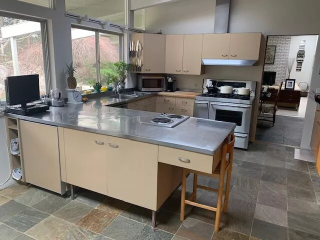 Full Mid Century 1958 St. Charles Kitchen, Stainless Steel Countertops