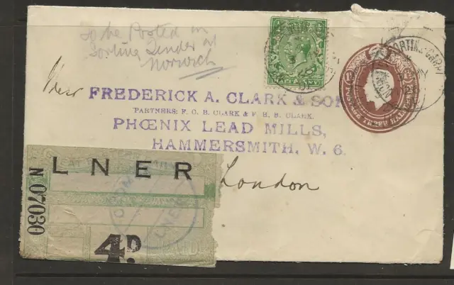 gr86 1926 Sty env pmk NORWICH SORTING CARRIAGE w/ GER O/pt LNER 4d PAID label