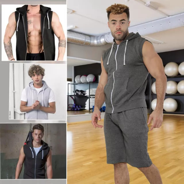 Mens Sleeveless Hoodies Tracksuit Vest Tops Shorts Bottoms Gym Gilet Short Set