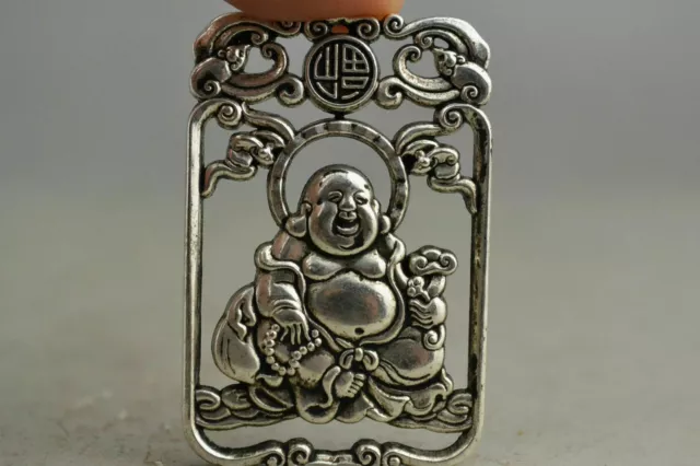 China Collectible Handwork Old miao silver carving  Maitreya Buddha pendant 2