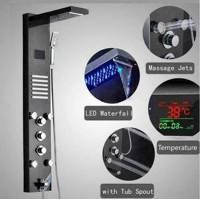 Colonne De Douche Thermostatique INOX – Panneau Noir Hydromassant – LCD Et Jets