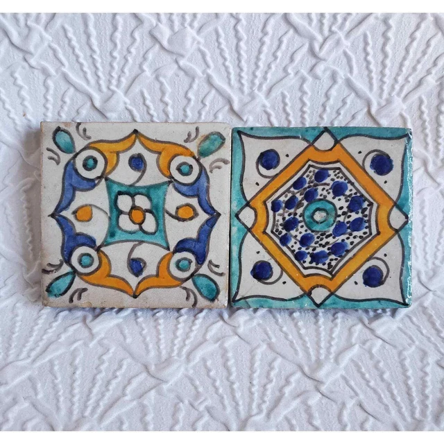 Pair of Moorish Ceramic Tiles, Vintage Moroccan Spanish Salvage Tile Coaster 7