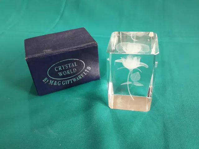 Crystal 3D Glass Laser Etched Rose Paperweight/Ornament Block. BNIB