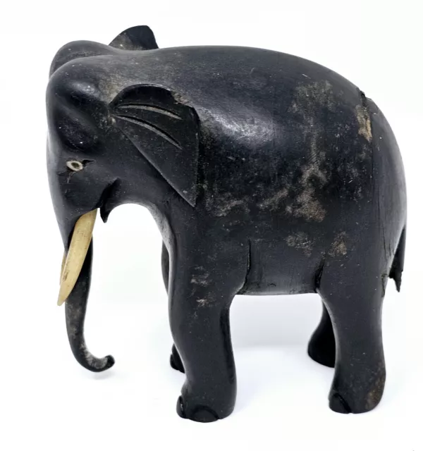 Solid Ebony Iron Wood Elephant Hand Carved Folk Art 3 x 3  Inches Tall Old VTG