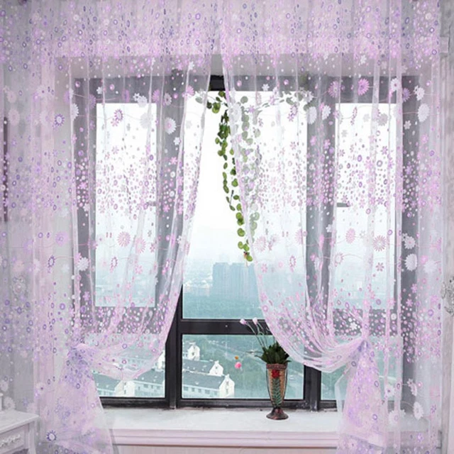 2pcs 200x100CM Floral Printed Tulle Voile Window Curtain （Purple ） FS2#