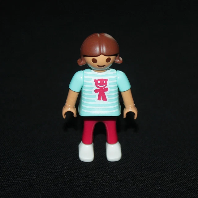 Personnages Playmobil - Fille Châtain En T-shirt Rayé Et Bus Scolaire - Occasion