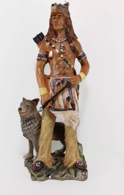 17.5" Inch Indian Warrior with Wolf / Western  American Native Statue Figurine
