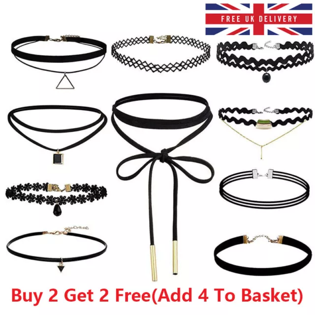 Black Choker Necklace Set Stretch Velvet Classic Gothic Tattoo Lace Retro UK