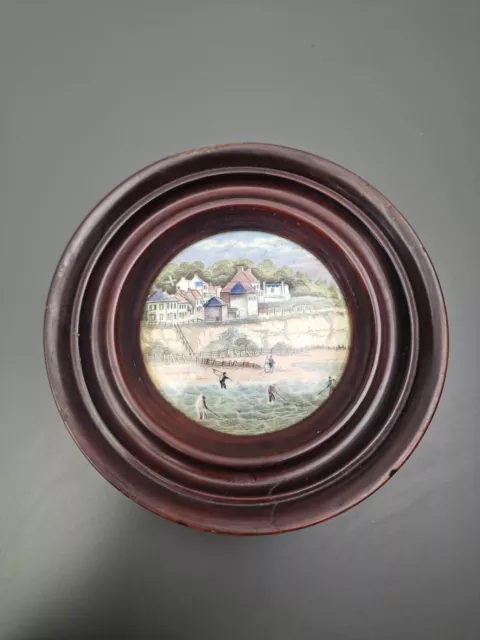 Prattware Pot Lid In Handmade Wooden Frame, Pegwell Bay With 4 Shrimpers, Coast