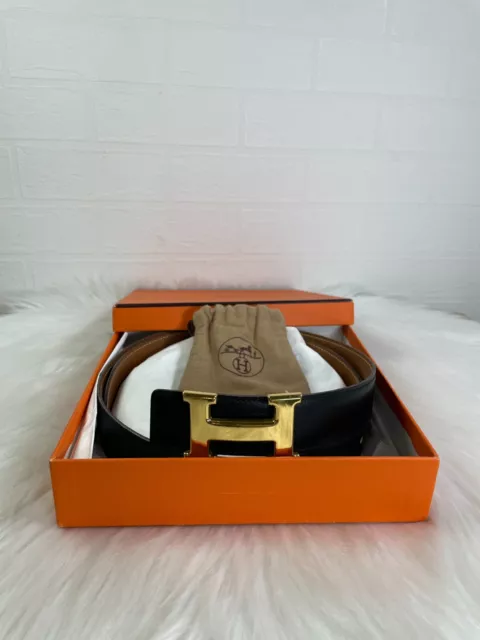 Hermes H Logo Black Leather Gold Buckle Belt 90 Authen