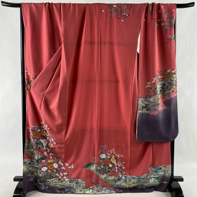 Japanese Kimono Furisode Pure Silk Crane Flower Cart Embroidery Pink Gold Paint