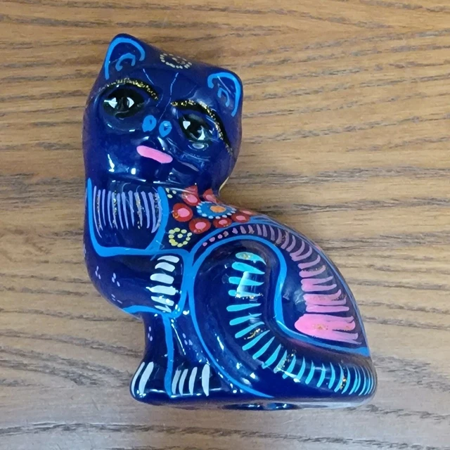 Cat Figurine Hand Painted Terra Cotta Clay Pottery Blue Colorful 4"